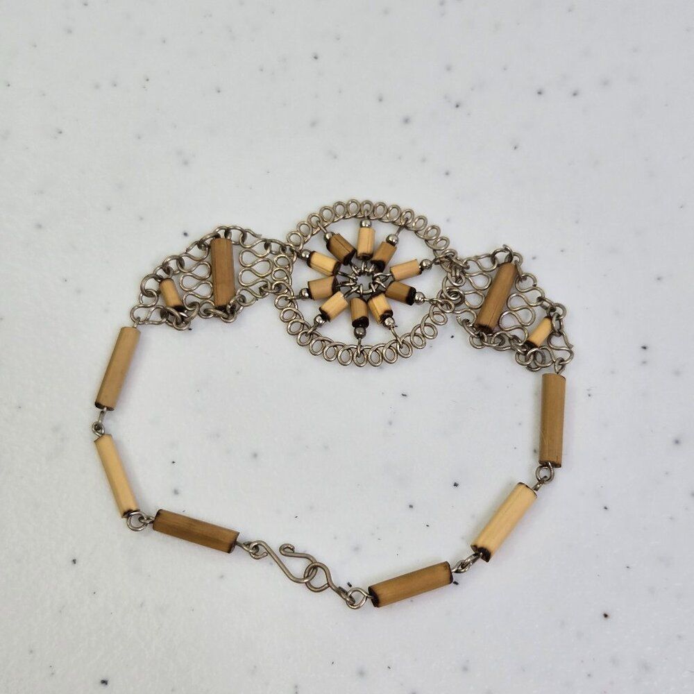 Bamboo Wire Wrapped Bracelet Boho Tan Silver Tone Filigree Peruvian Vintage
